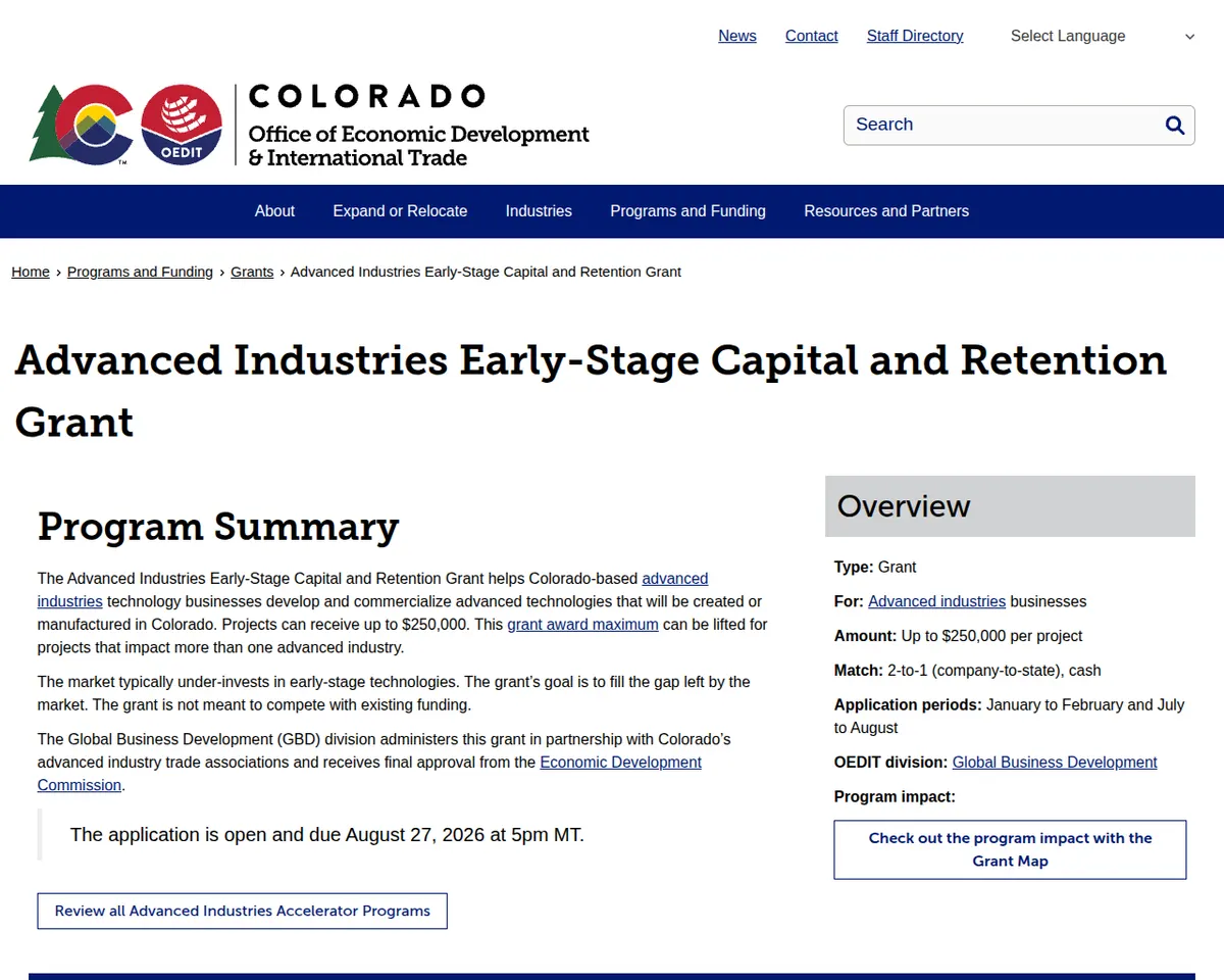 Visit the Advanced Industries Early-Stage Capital and Retention Grant website (opens in a new tab)