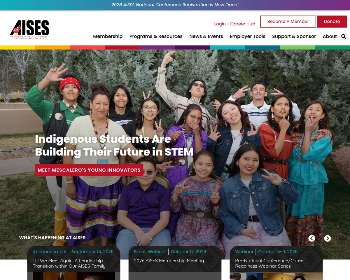 Visit the AISES (Advancing Indigenous Science and Engineering Society) website (opens in a new tab)