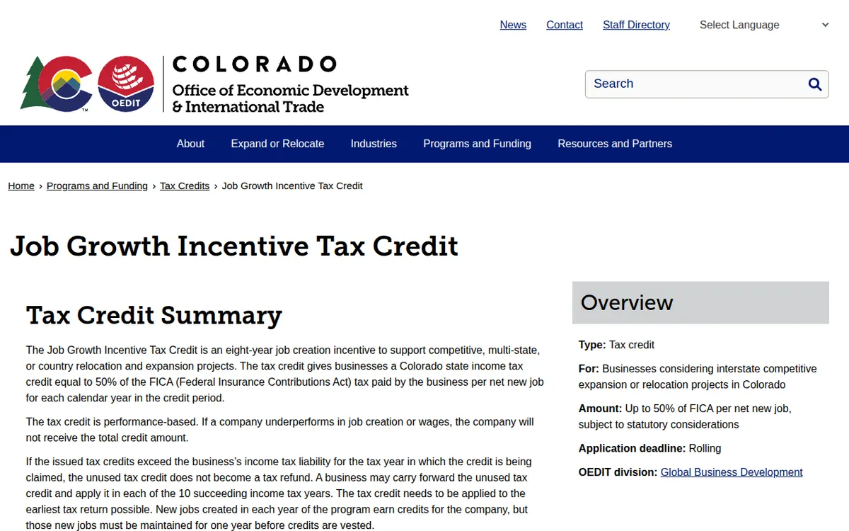 Visit the Colorado Job Growth Incentive Tax Credit website (opens in a new tab)