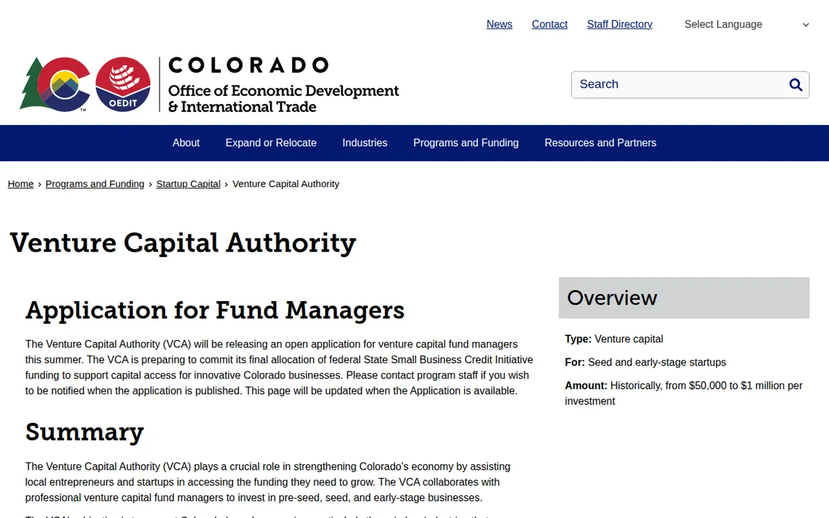 Visit the Colorado Venture Capital Authority (VCA) website (opens in a new tab)