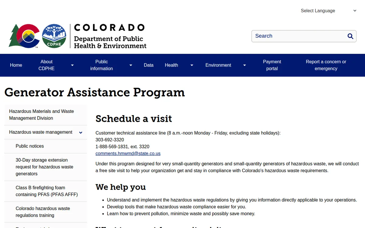 Visit the CDPHE Generator Assistance Program (GAP) website (opens in a new tab)