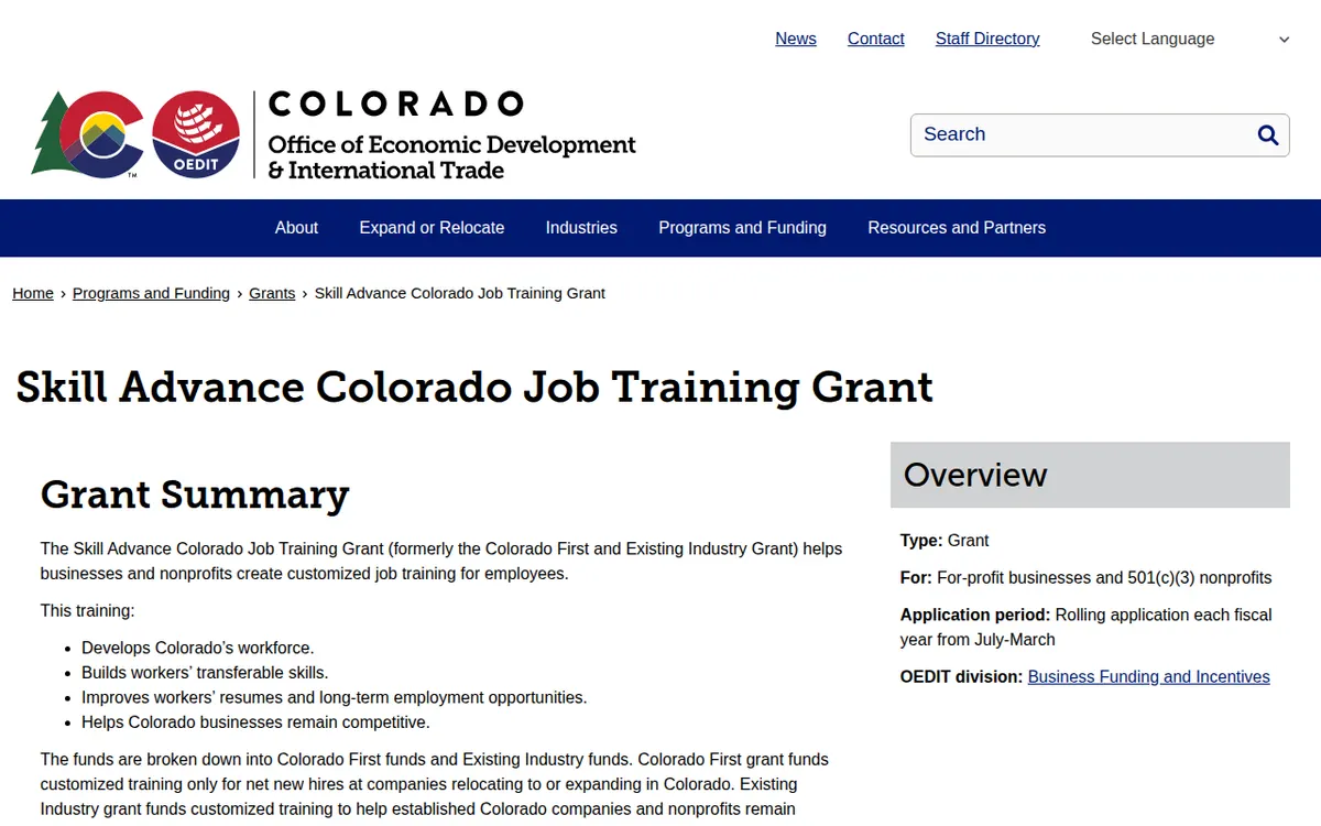 Visit the Skill Advance Colorado Job Training Grant website (opens in a new tab)