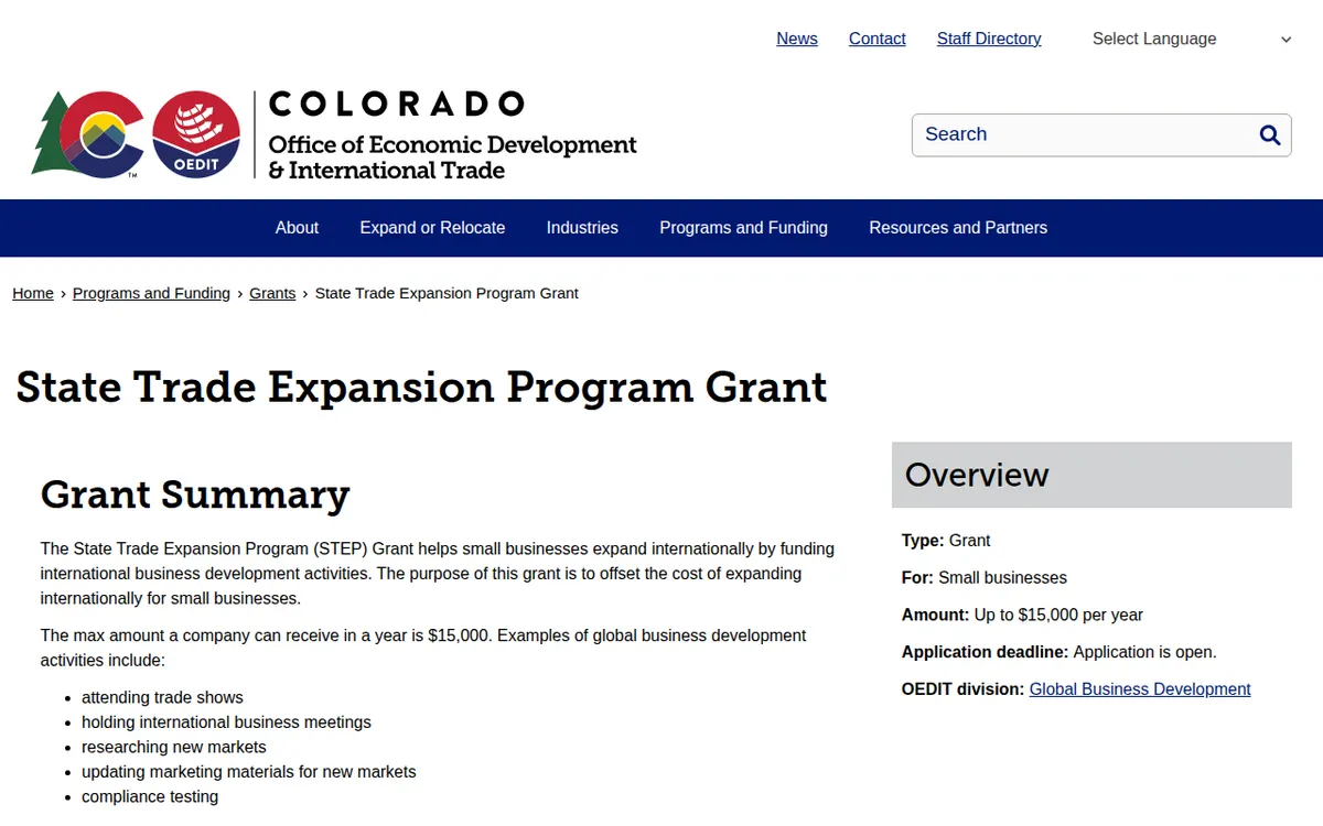 Visit the State Trade Expansion Program Grant website (opens in a new tab)