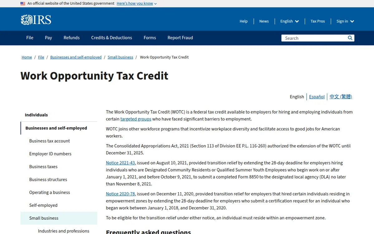 Visit the Work Opportunity Tax Credit (WOTC) website (opens in a new tab)